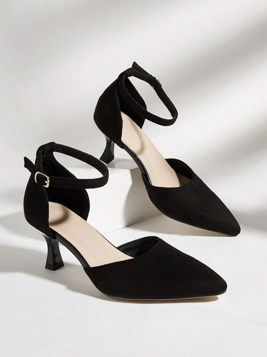 Black Faux Suede Stiletto Hollow Out High Heel Pumps, Versatile For Daily Wear, Banquet, Party, Fashion,Kitten Heels - Black - View 1