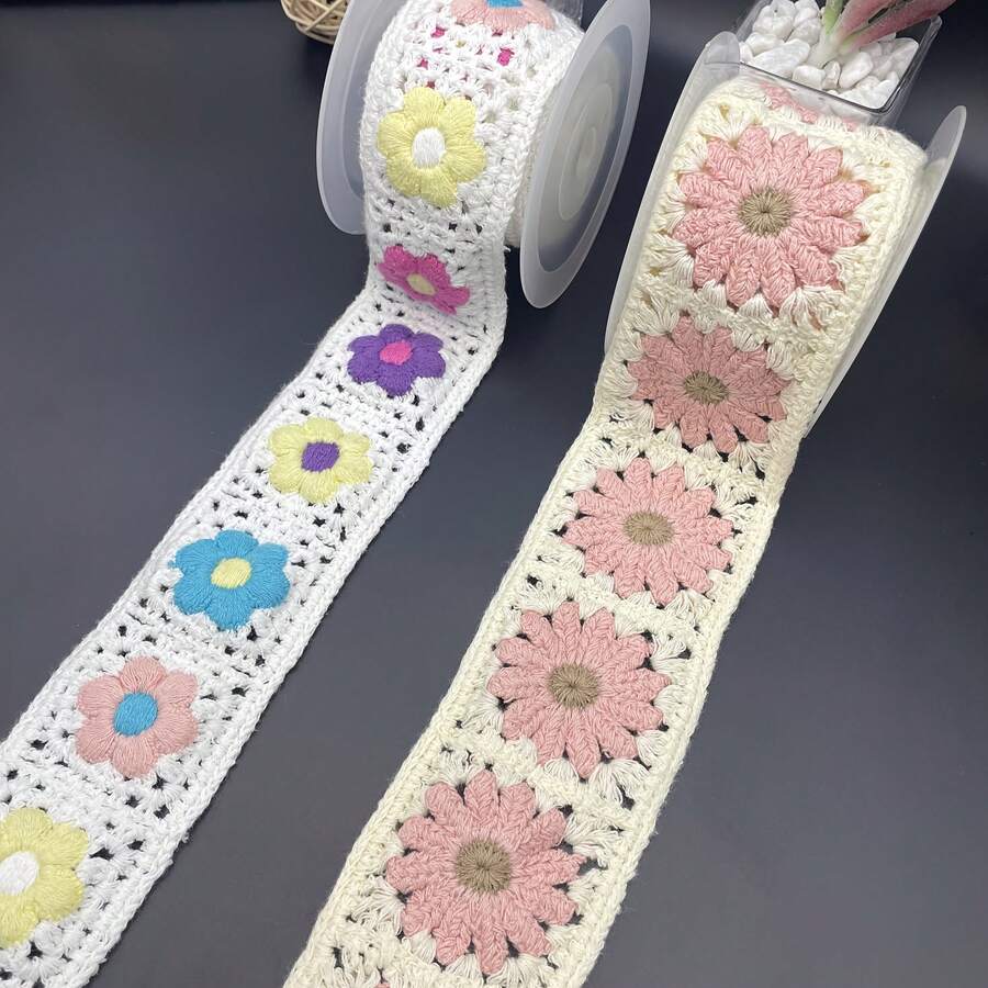 1yard Classic Hand-Crocheted Colorful Floral & Striped Lace Trim, Clothing & Accessory DIY Decoration, Embroidery, Water-Soluble Colored Striped Patterns, Exotic Style, Travel Photography, Lace Belt Matching, Crochet Embroidery, Suitable For Sewing And Handicraft DIY Decoration