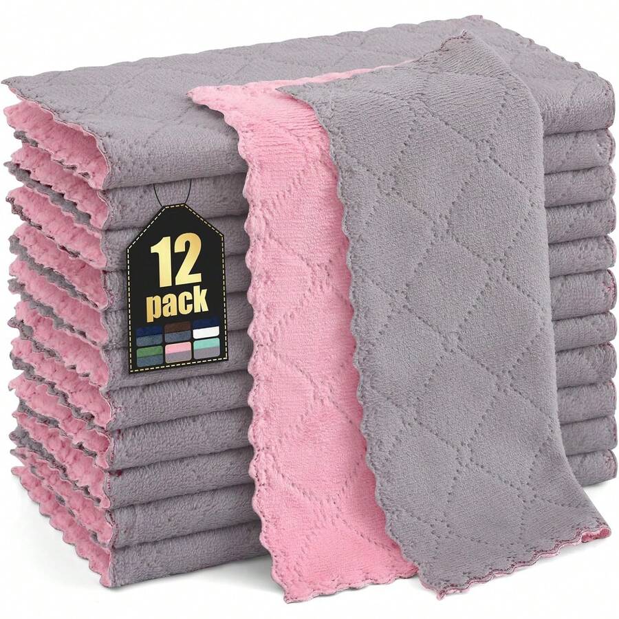 12 Pack Kitchen Dish Cloths (10 X 10 Inches, Cream Yellow), Super Soft And Absorbent Coral Velvet Dish Towels, Nonstick Oil Fast Drying Microfiber Cleaning Cloth, No Lint Household Dishcloths, 2025 - 灰色和粉紅色 - 查看 1
