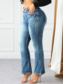 Women's Flare Jeans - Butt Lifting Stretch Denim Pants With Double Button & Distressed Back Pockets, Vintage Wash Casual Chic For Women - 中等水洗藍 - 查看 3