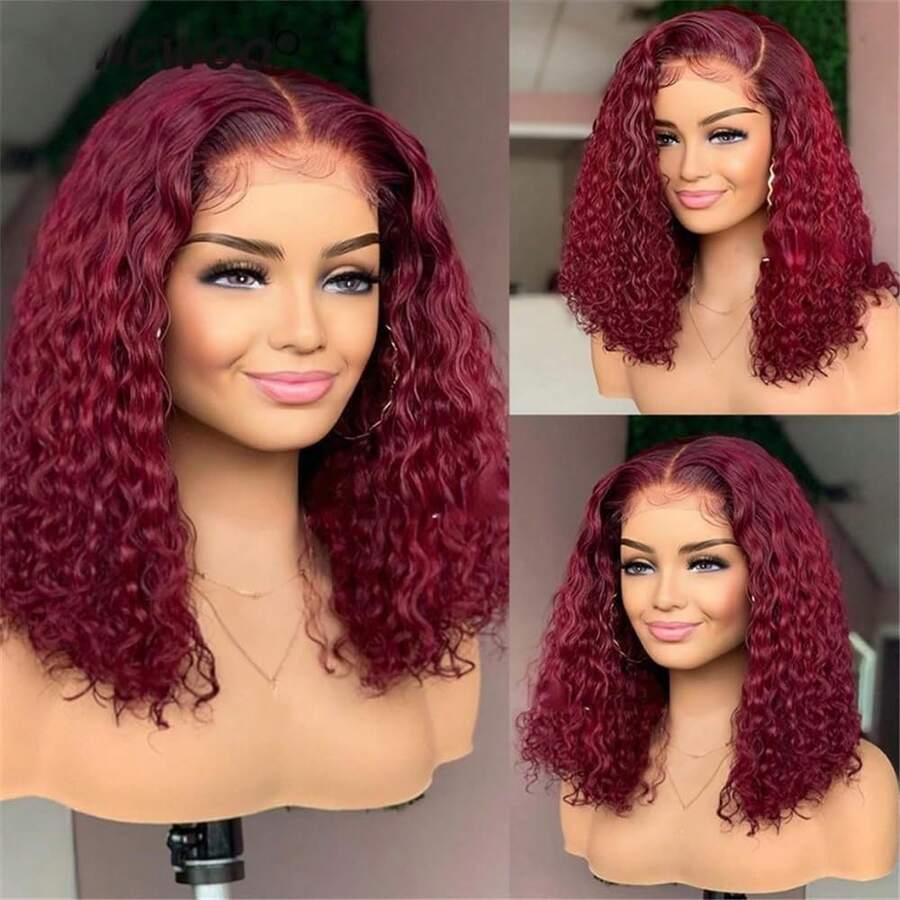 ownvmor 8-16 Inches Kinky Curly Wig Glueless Wig Curly Headband Wigs For Women Human 200% Density Burgundy 99J Deep Wave Blend Human Hair Wigs 13x4 Lace Front Wigs Human Hair Put On And Go Curly Bob Glueless Wigs Natural Color Black Wig Beginner Friendly Wear And Go Headband Deep Curly Wig No Glue Blended Human Hair Wig For Daily Use - 酒紅色 - 查看 1