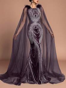 Luxuriöses, elegantes rückenfreies Kleid mit Perlenverzierung, Pailletten und Federakzenten - Meerjungfrauensilhouette mit transparenten Chiffonärmeln, geeignet für formelle Abendessen, Luxuspartys und Schwarze Tie-Events, Weihnachtsoutfit - Violett - Übersicht 4