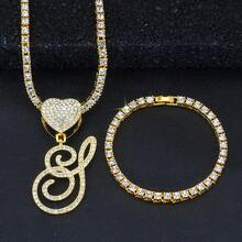 1 Set Women's Elegant Heart & Letter Pendant Necklace With Single Row Rhinestones, Matching Single Row Rhinestone Bracelet, Suitable For Daily Wear, Parties And Events, Versatile Jewelry Set - Fashionable Heart Letter Pendant Necklace - View 25