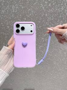 Funda de teléfono de 2 en 1 con color de macarrón, minimalista y linda con decoración de corazón pequeño, correa de silicona a juego desmontable, accesorio de fotografía, a prueba de golpes, antideslizante, resistente a los arañazos, compatible con Apple/ - Morado - Ver 4