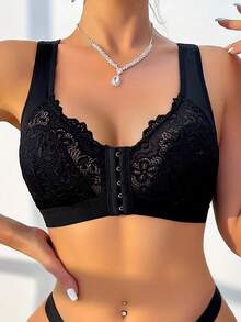 Women Lace Patchwork Front Button Wireless Comfortable Bra - Black - View 4