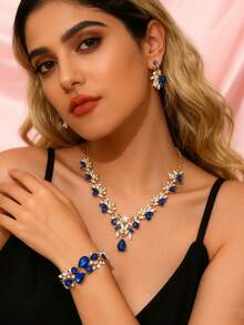 3pcs Fashionable & Elegant Rhinestone, Blue Crystal Pendant Necklace & Earrings Set, Women Jewelry Set, Bridal Jewelry Set, Party, Christmas, New Year Gift - Gold Blue - View 16
