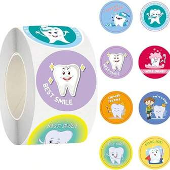 500 Pcs 1.5 Inches Tooth Reward Stickers, Dentist-Themed Cartoon Tooth Stickers Roll Self-Adhesive Labels For Dental Clinics, Patient Gifts, Classroom Rewards, DIY Craft, Scrapbooking