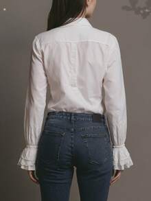 女士优雅白色衬衫，褶裥饰边，梭织面料，适合办公室穿着，四季皆宜，春季款 - 白色 - 查看 3