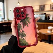 Funda de teléfono con borde protector negro color rosa con estampado de palmeras y atardecer para uso diario en cafeterías Aplicable a los teléfonos de la serie Apple y Galaxy - Burdeos - Ver 7