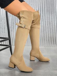 Botas altas delgadas de moda para mujer, nuevas botas de montar hasta la rodilla para otoño/invierno, botas altas versátiles de tacón grueso y alto, botas altas de tacón medio cuadrado y elásticas - Albaricoque - Ver 12