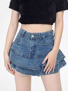 Falda de denim elástica de las mujeres de cintura alta - A-Line Wrap Hem Flounce Mini falda con bolsillos, falda de jeans elásticos Bodycon para las mujeres, faldas de verano informales - Lavado ligero - Ver 3