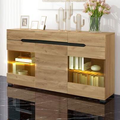 Buffet moderne avec éclairage LED et portes en acrylique, commode à 3 tiroirs offrant un grand espace de rangement, meuble de rangement pour salle à manger et salon.
