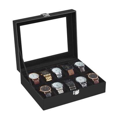  SONGMICS Caja de Relojes, Estuche con 10 Compartimentos, Cojín de Terciopelo, Cerradura, 20.2 x 25.5 x 7.8 cm, Negro y Negro
