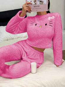 SANRIO 联名款女士舒适双面绒刺绣 Hello Kitty 猫咪短款上衣和休闲家居裤两件套 - 玫紅色 - 查看 6