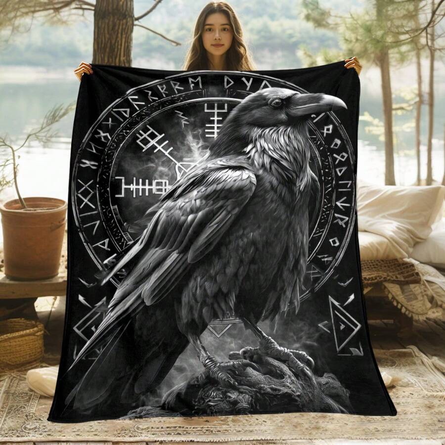 1pc Gothic Viking Crow & Rune Viking Rune Blanket - Dark Norse Mythology Bedspread, 280gsm Soft Flannel-Like Fabric, Her Personalized Ideal Gifts For Her, Him, Family, Boyfriend, Girlfriend, Father, Family, Mother, Lover, Daughter, Son, Grandfather, Grandmother, Friend, Classmate, Pet. Perfect Nap, Camping, Travel, Home, Daily Life, Office Decoration, Birthday, Anniversary, Valentine's Day, Thanksgiving, Christmas, Halloween, Mother's Day, Father's Day, Wedding, New Year Gifts ,Sofa,Bed,Car,Bedroom,Living Room,Office, Outdoor Camping, Beach,Wall Decoration - Nhiều màu - Xem 1