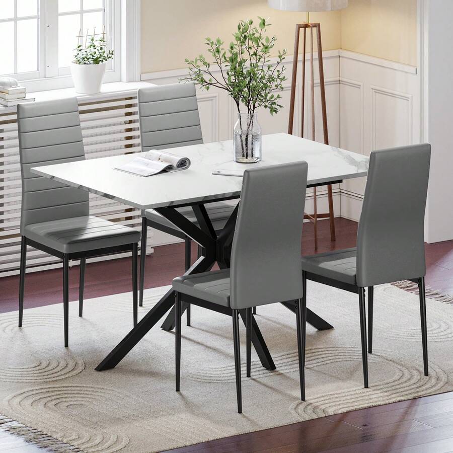 Extendable Dining Table And Chairs Set Of 4,White Marble Effect Table With 4 Grey High Back Dining Chairs,Modern Dining Table Set For Home/Kitchen - White Marble Effect Table+4 Gray Chairs - View 1