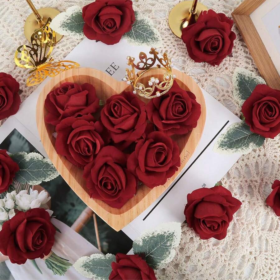 5朵仿天鹅绒玫瑰花，丝缎面料，秋季装饰，返校教室装饰，DIY花环材料，婚礼新娘腕花，花束，家居装饰，生日蛋糕装饰 - 紅色 - 查看 1