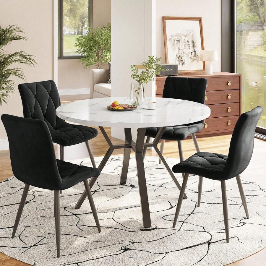 Set tavolo da pranzo, set tavolo da pranzo e sedie (set da 5 pezzi), tavolo da pranzo rotondo moderno e semplice in dearmol, gambe del tavolo in metallo dorato + 4 sedie ergonomiche in velluto, sedie da pranzo beige - Nero + Nero Bianco + MDF + Acciaio - Visualizzare 1