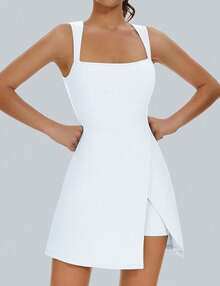 2026 Women's Fashion Dress Womens Tennis Dress Square Neck Sleeveless Athletic Dress Side Slit Flare Workout Dress ​   ,, ​   Flowy Pleated With Pockets,For Daily Casual Outfits - 網球雪地 - 查看 3