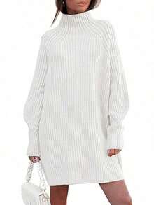 2026 Women's Casual Knit Dress Sweater Dresses For Women  Fall Fashion Mock Neck Long Lantern Sleeve Oversized Outfits Knit Tops Clothes ​ , Bodycon Long Sleeve ​ For Sports Outdoor Wear, Loose Fit Long Sleeve Comfy Daily Outfits For Women - 白色 - 查看 1