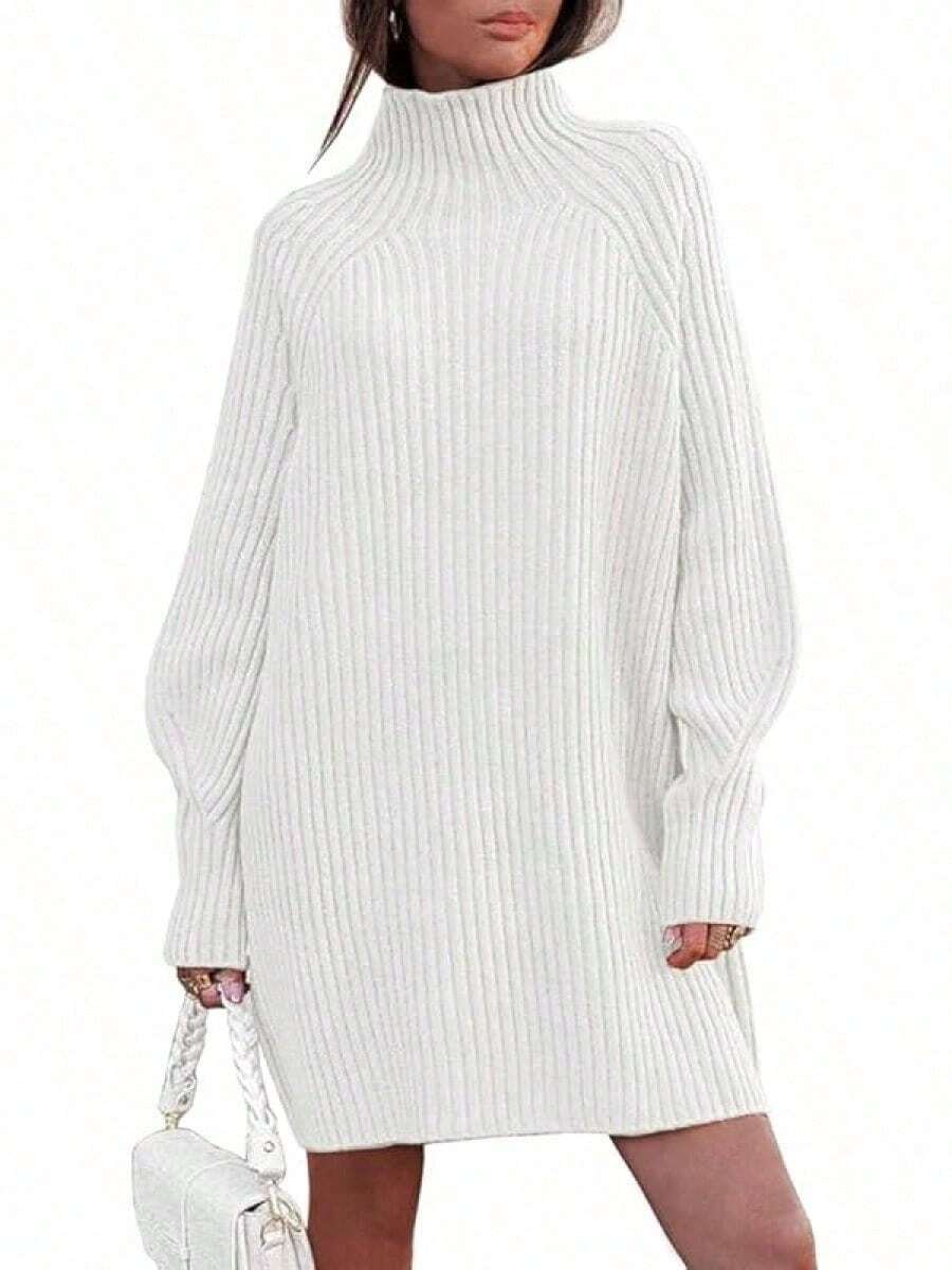 2026 Women's Casual Knit Dress Sweater Dresses For Women Fall Fashion Mock Neck Long Lantern Sleeve Oversized Outfits Knit Tops Clothes , Bodycon Long Sleeve For Sports Outdoor Wear, Loose Fit Long Sleeve Comfy Daily Outfits For Women - 白色 - 查看 1