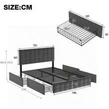Double Bed With 4 Baskets And Central Spring Mattress, Double Bed With Lattenrost, Height Adjustable Headboard And Fitted Square Design, Metal Plate Support, Linen (140*200 Cm, Grey) - Grey - View 3