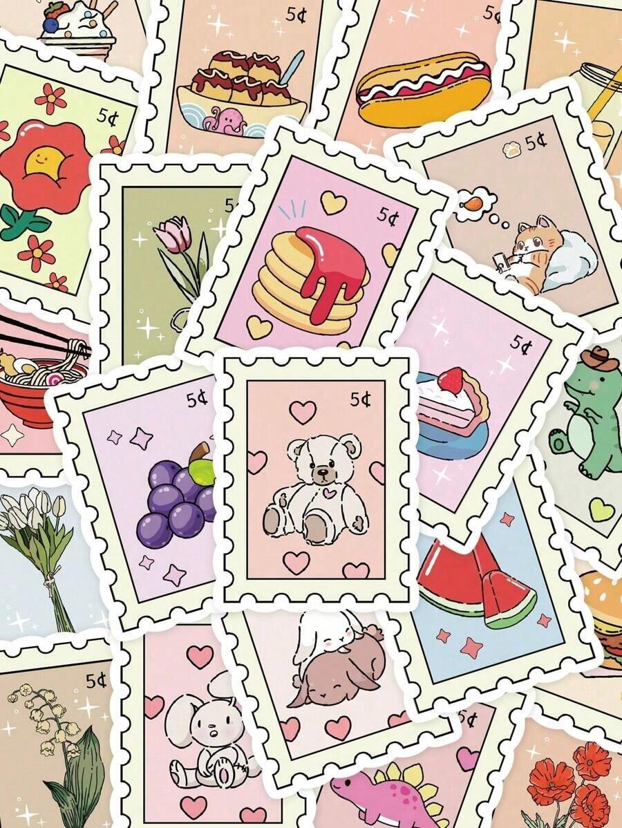 50pcs Cartoon Cute Stamp Series Stickers, Suitable For Scrapbooking, Diary, Notebook, Water Bottle, Car, Faith-Based Design With Positive Messages, Great For Gifts,School Supplies,Back To School - Nhiều màu - Xem 1