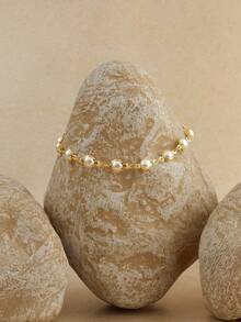 Opalesca 1pc Gold/Silver Faux Pearl Trim Y-Shaped Long Necklace, Bling Pendant, Suitable For Daily Wear, Date, Party, Holiday, Vacation, Deep V, Anniversary, Birthday Gift, Boho Elegant Luxurious Minimalist Fashion Sexy Cute - Yellow Gold - View 3