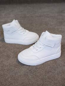 Boys, Toddlers' High-Top Canvas Sneakers, Casual High-Top Shoes With PU Uppers, Suitable For All Seasons, Collegiate Style - White - View 3