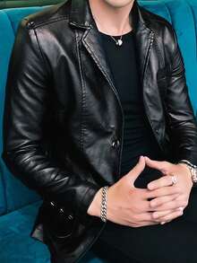 Men's Autumn/Winter Faux Leather Jacket, Black Suit Blazer, Thermal Lined, Thickened Single-Breasted
