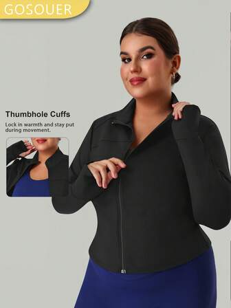 GOSOUER Women's Plus Size Fall Stand Collar Slim Long Sleeve Zip Up Jacket For Sports Outdoor Running Fitness