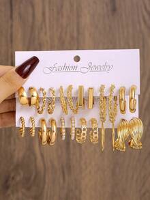 Juego de 24-12 piezas de pendientes geométricos de perlas falsas de moda para mujeres, pendientes únicos con cadena y forma cuadrada, adecuados para ir al trabajo, uso casual y citas - Dorado - Ver 8