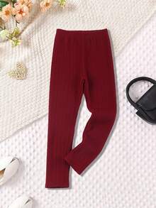 Girls' Cable Knit Leggings, Elastic Pants, Versatile Autumn/Winter Long Pants, Girls' New Solid Color Cable Knit 3/4 Leggings - Burgundy - View 2
