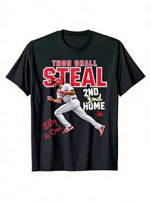 Elly De La Cruz Inspired Men's Baseball Graphic T-Shirt - 220g Heavyweight Cotton Jersey Knit, Dynamic Baseball Player Action Design With "Thou Shall Steal 2nd Base" Slogan, Heat Transfer Print Casual Sports Fan Apparel, Round Neck Short Sleeve Tee For Men, Holiday Gift, Breathable Material, Durable Fabric, Athletic Apparel - 黑色 - 查看 7