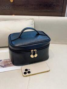 1pc Women's Solid Color PU Handheld Cosmetic Bag, Square Box Shape Makeup Bag Make Up Bag Makeup Pouch Toiletry Bag Wash Bag Travel Essential Cruise Essentials Vacation Essentials For Men Women - Black - View 4