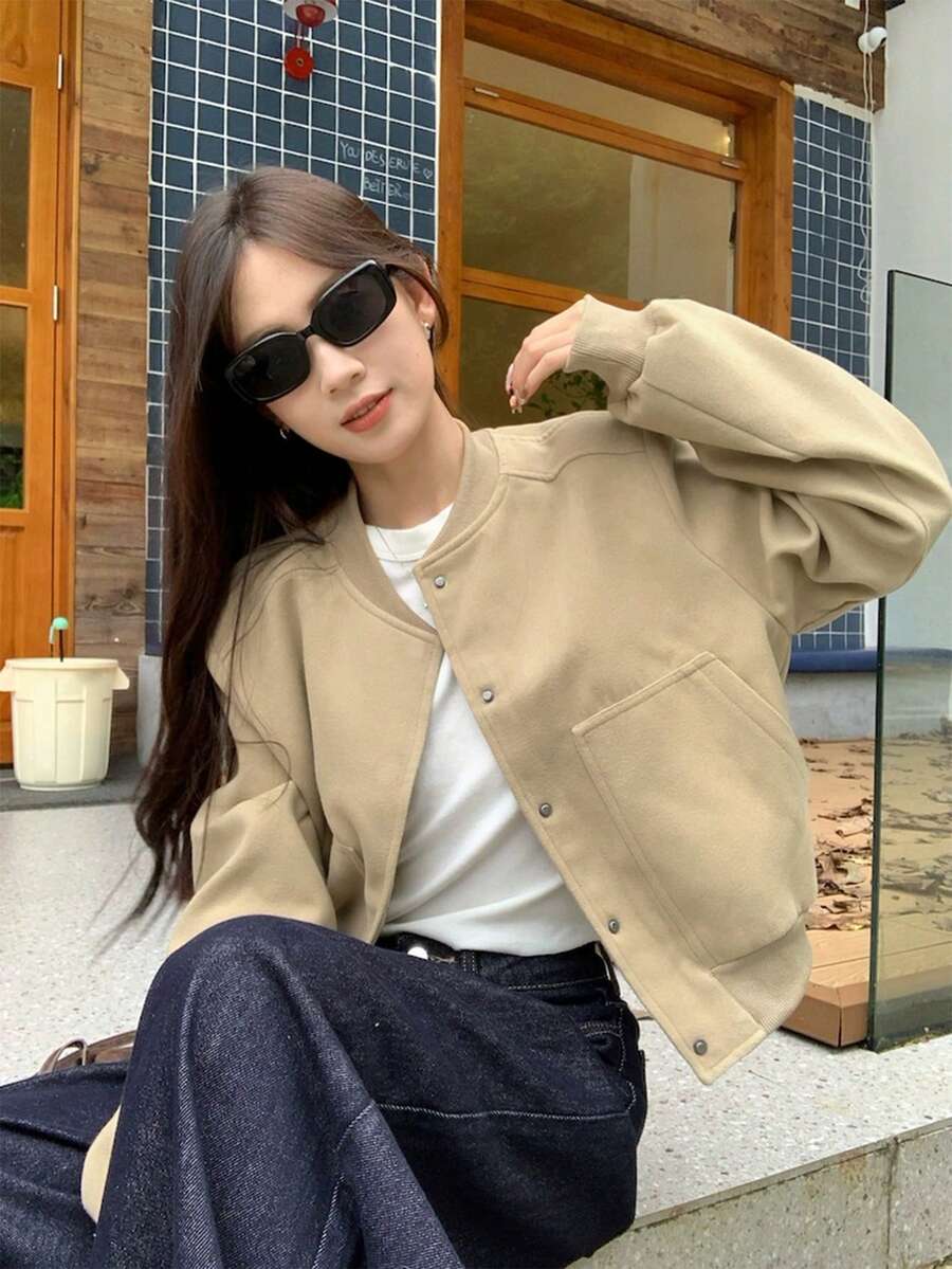 休闲棒球风灰色夹克，宽松版型，插肩袖，短款，百搭秋季外套 - 卡其色 - 查看 1