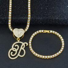 1 Set Women's Elegant Heart & Letter Pendant Necklace With Single Row Rhinestones, Matching Single Row Rhinestone Bracelet, Suitable For Daily Wear, Parties And Events, Versatile Jewelry Set - Fashionable Heart Letter Pendant Necklace - View 11