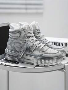 女士休闲运动鞋，新款高帮滑板鞋，厚底平底圆头套脚滑板鞋，白色，透气除臭个性化街头风摩托车靴，男女通用情侣户外旅行度假真皮摩托车靴