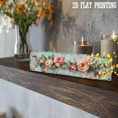 2D Flat, 1pc Vintage Floral Wall Decoration- Pink Roses And Green Plants Background- Country Style Aluminum Hanging Decoration, Suitable For Indoor/Outdoor Use- Pre-Drilled Design For Easy Installation- Living Room, Porch, Garden, Garage Deco, Garden Decor, Porch Decoration, Rustic Decor, Farmhouse Style, Handcrafted Look, Lightweight Decor, Decorative Plaque, Wall Art, Interior Designers, Farmhouse Lovers