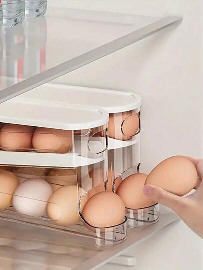 Space-Saving Refrigerator Side Door Rolling Egg Storage Box - Plastic Material, No Battery Required, Double-Layer Transparent Compartments For Easy Egg Access And Organization, Kitchen Refrigerator Storage Rack, Refrigerator Egg Storage Box