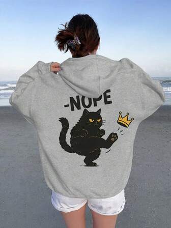 Women's Fun Black Cat Classic Elegant Letter Print Drawstring Pocket Long-Sleeved Hoodie, Casual Hoodie, Autumn/Winter Hoodie, Everyday Hoodie, Quirky And Fun Hoodie, Satirical Cat Kicking A Crown Pattern Hoodie.