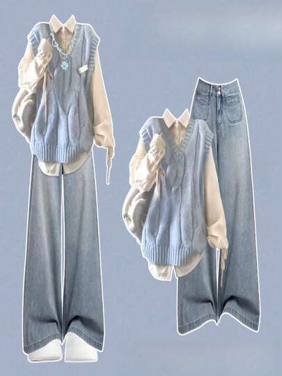 韓里韓気学院風は青いスーツを着て早秋女装2025新しい小柄な減齢セットを着ている