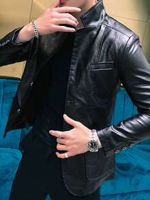 Men's Autumn/Winter Faux Leather Jacket, Black Suit Blazer, Thermal Lined, Thickened Single-Breasted