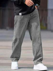 1pc Men's Straight Loose Gray Jeans, Solid Color Comfortable Casual Jeans, Suitable As Gift For Husband Or Boyfriend - Grey - View 3