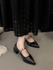 Black Versatile Color Block Pointed Toe Chunky Heel Pumps, New 2025 Korean Version Metal Buckle Mid-Heel Mary Jane Shoes For Women - Black - View 9