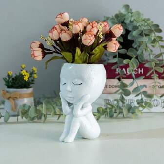 1个树脂娃娃多肉植物闭眼花盆，现代室内装饰塑料花盆，带排水孔和托盘，适用于所有室内植物、多肉植物、花卉和仙人掌