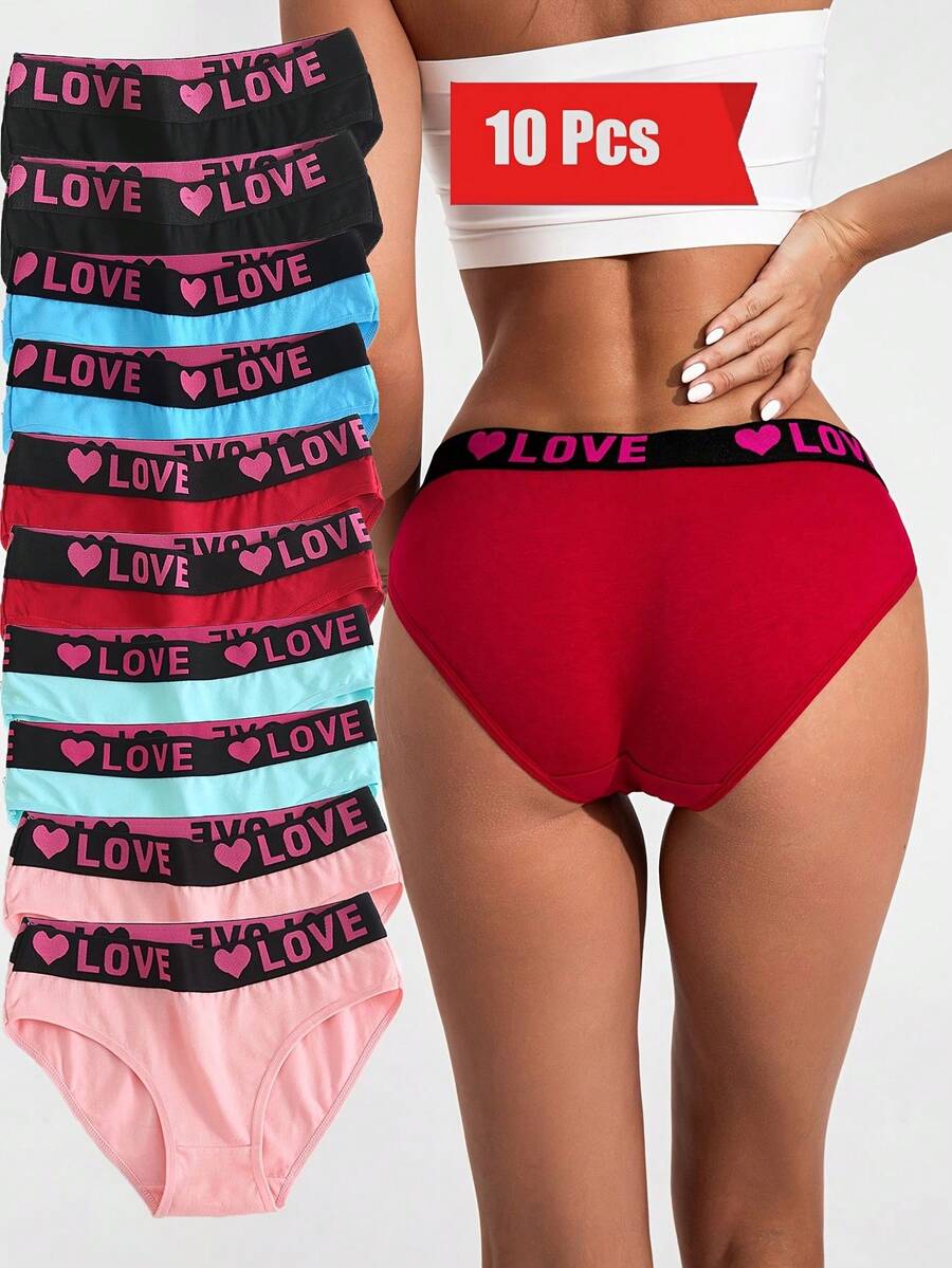 10 PCS, Women's Elegant Cotton Briefs - Mid-Rise Seamless Breathable Loose Elastic Band, Letter And Heart Pattern Mixed Color Blocking Design, Colorful Set For Daily Comfort, Cute And Fun Style, Soft Fabric, Versatile Daily Use - 彩色 - 查看 1