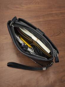 HOVI'S 21.5cm PU Leather Men's Clutch Bag, Large Capacity Handbag With Zipper Compartment, Wrist Strap And Multiple Pockets, Suitable For Phone, Wallet And Essentials, Black Wallet, Great Christmas Gift For Men - Black - View 7
