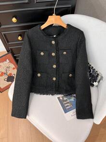 Áo khoác cardigan nữ GMFP mùa xuân/hè kiểu dáng thanh lịch, rộng rãi, màu đen trơn, chất liệu retro, cổ tròn, cài cúc đơn, chất liệu len pha, thích hợp cho các lễ hội âm nhạc/mùa cưới. - màu đen - Xem 6