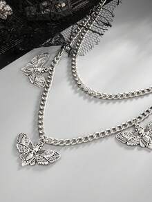 1pc Women's Sweet & Cool Ins Skull Butterfly Denim Jeans Chain, Multi-Layer Metal Waist Chain, Suitable For Daily Styling - Silver - View 3